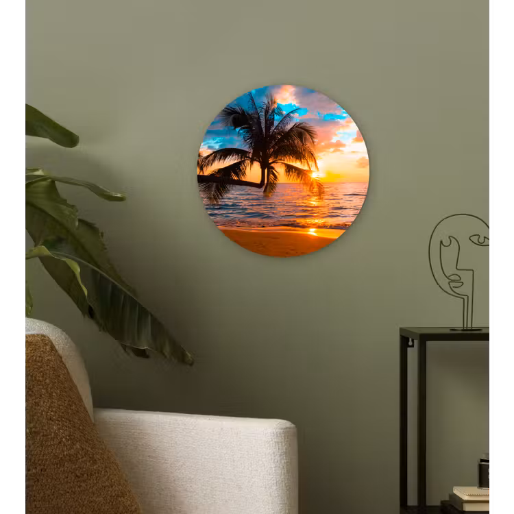 Palm - Zonsondergang - Horizon - Strand - Zee - Tropisch Wandcirkel kunststof plaat 5mm dik klein -sfeer3