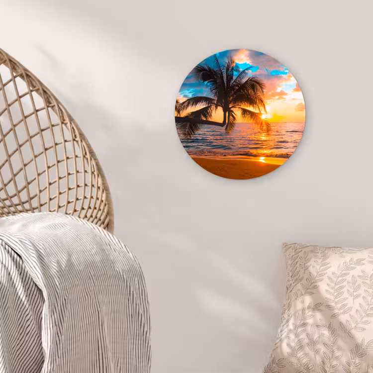 Palm - Zonsondergang - Horizon - Strand - Zee - Tropisch Wandcirkel kunststof plaat 5mm dik klein -sfeer5
