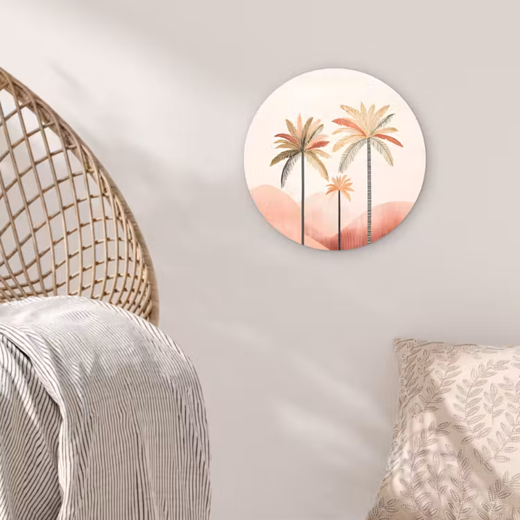 Palmbomen - Heuvels - Minimalistisch - Zachtroze Wandcirkel kunststof plaat 5mm dik klein -sfeer5