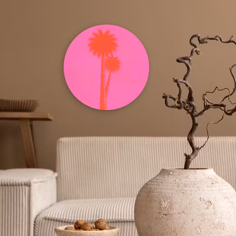 Palmbomen - Modern - Roze Wandcirkel kunststof plaat 5mm dik klein -sfeer1