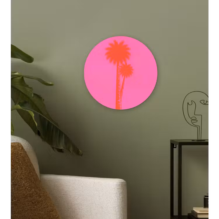 Palmbomen - Modern - Roze Wandcirkel kunststof plaat 5mm dik klein -sfeer3