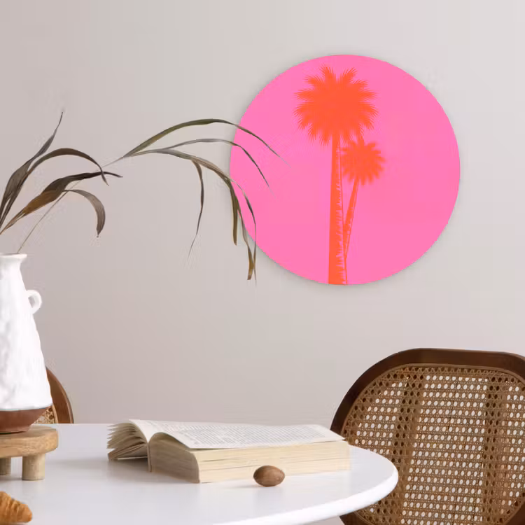 Palmbomen - Modern - Roze Wandcirkel kunststof plaat 5mm dik klein -sfeer4