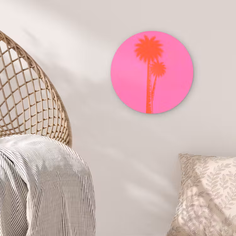 Palmbomen - Modern - Roze Wandcirkel kunststof plaat 5mm dik klein -sfeer5