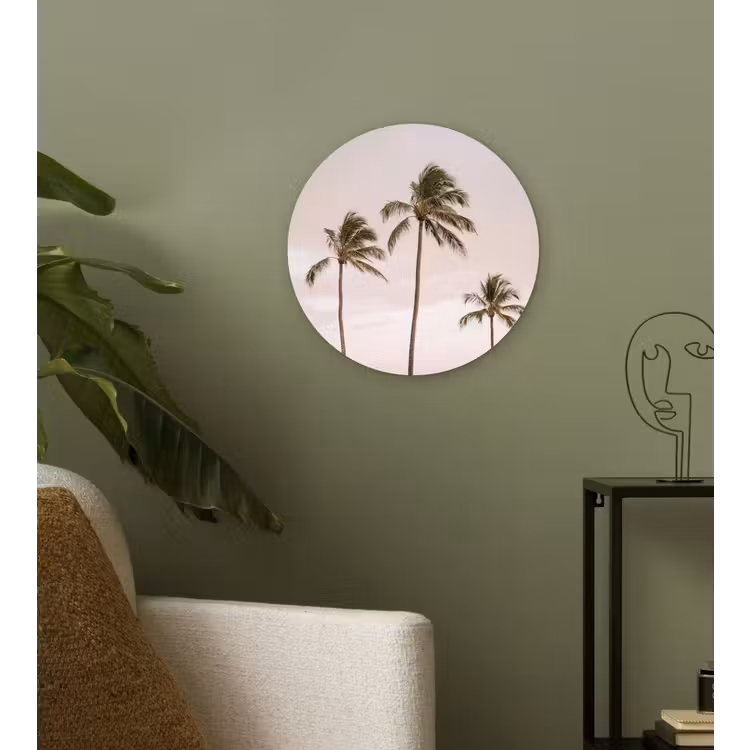 Palmbomen - Zonsondergang - Roze Wandcirkel kunststof plaat 5mm dik klein -sfeer3
