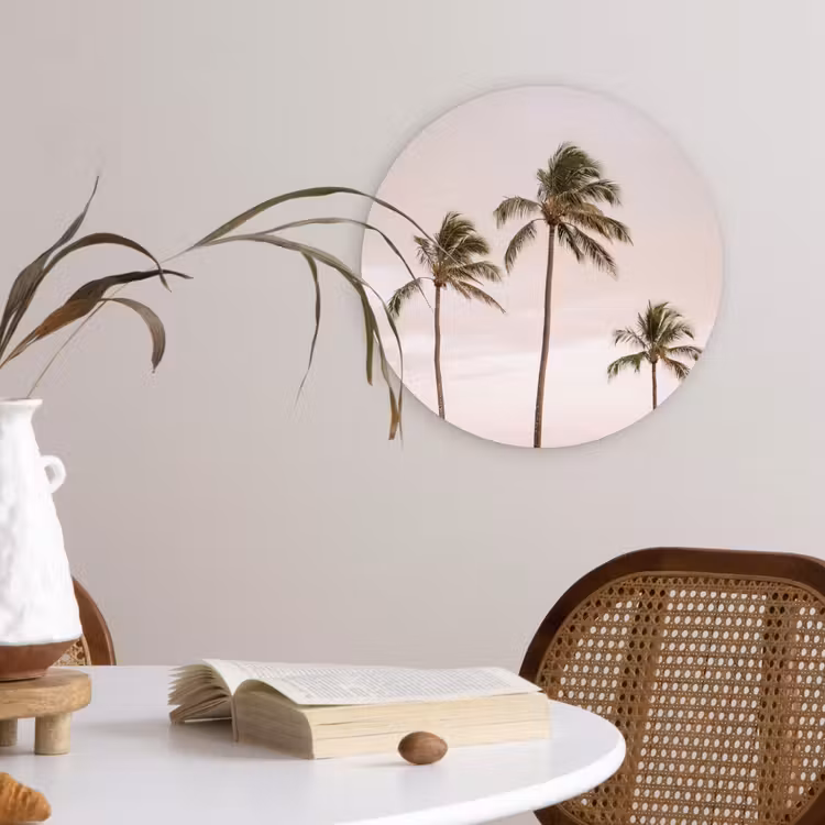 Palmbomen - Zonsondergang - Roze Wandcirkel kunststof plaat 5mm dik klein -sfeer4