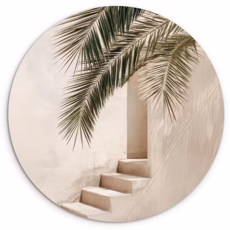 Palmboom - Schaduw - Trap - Beige Wandcirkel kunststof plaat 5mm dik klein -3d