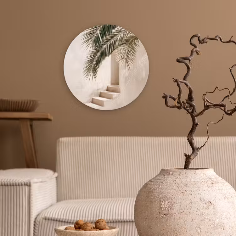 Palmboom - Schaduw - Trap - Beige Wandcirkel kunststof plaat 5mm dik klein -sfeer1