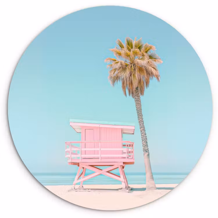 Palmboom - Strandhuis - Roze Wandcirkel kunststof plaat 5mm dik klein -3d
