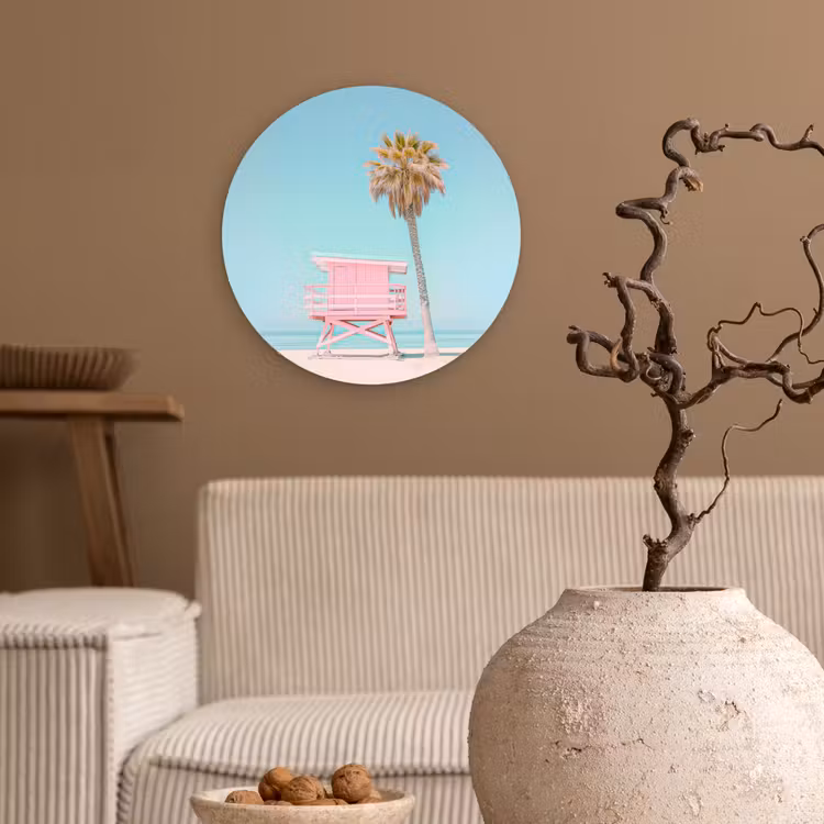 Palmboom - Strandhuis - Roze Wandcirkel kunststof plaat 5mm dik klein -sfeer1