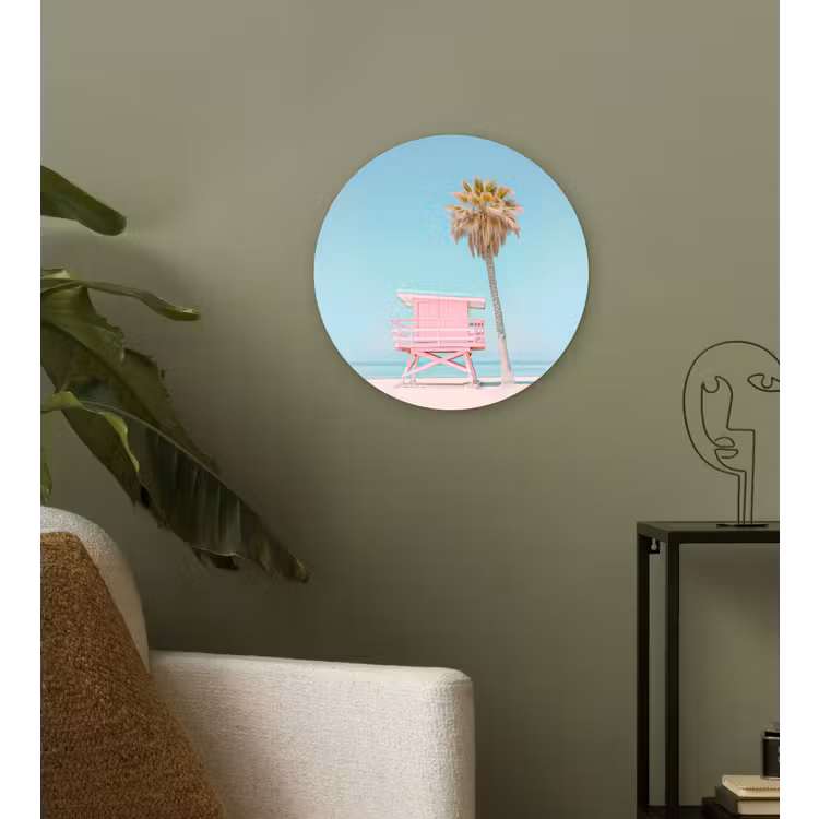 Palmboom - Strandhuis - Roze Wandcirkel kunststof plaat 5mm dik klein -sfeer3