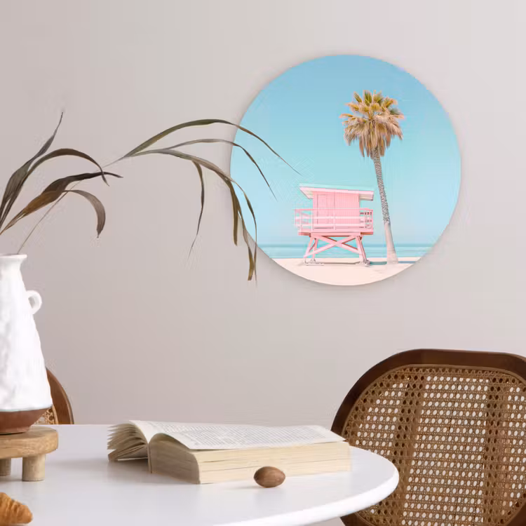 Palmboom - Strandhuis - Roze Wandcirkel kunststof plaat 5mm dik klein -sfeer4