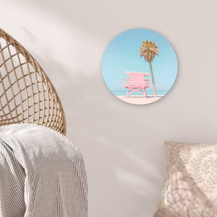 Palmboom - Strandhuis - Roze Wandcirkel kunststof plaat 5mm dik klein -sfeer5