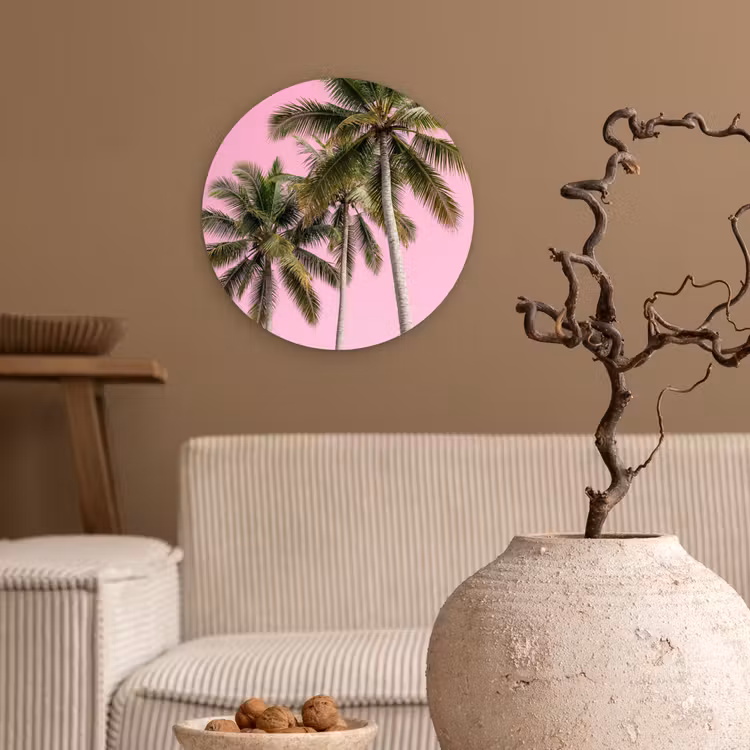 Palmboom - Tropisch - Pink Wandcirkel kunststof plaat 5mm dik klein -sfeer1