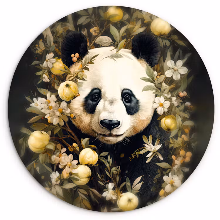 Panda - Pandabeer - Wilde dieren - Natuur - Bloemen Wandcirkel kunststof plaat 5mm dik klein -3d