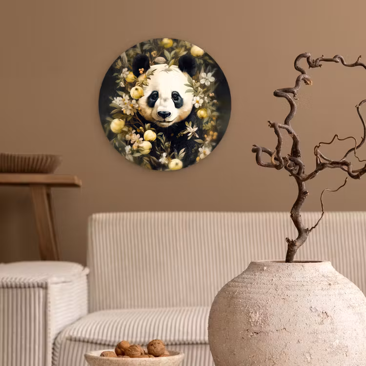 Panda - Pandabeer - Wilde dieren - Natuur - Bloemen Wandcirkel kunststof plaat 5mm dik klein -sfeer1