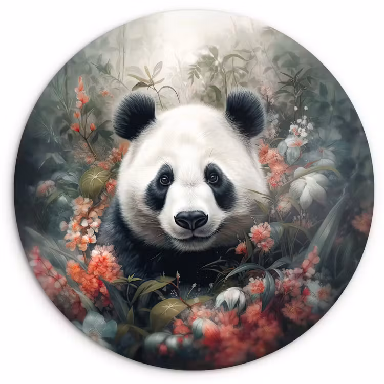 Panda - Wilde dieren - Bloemen - Natuur Wandcirkel kunststof plaat 5mm dik klein -3d