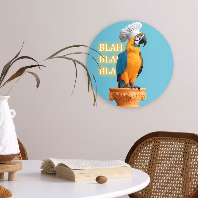 Papegaai - Koksmuts - Quote - Neon Wandcirkel kunststof plaat 5mm dik klein -sfeer4