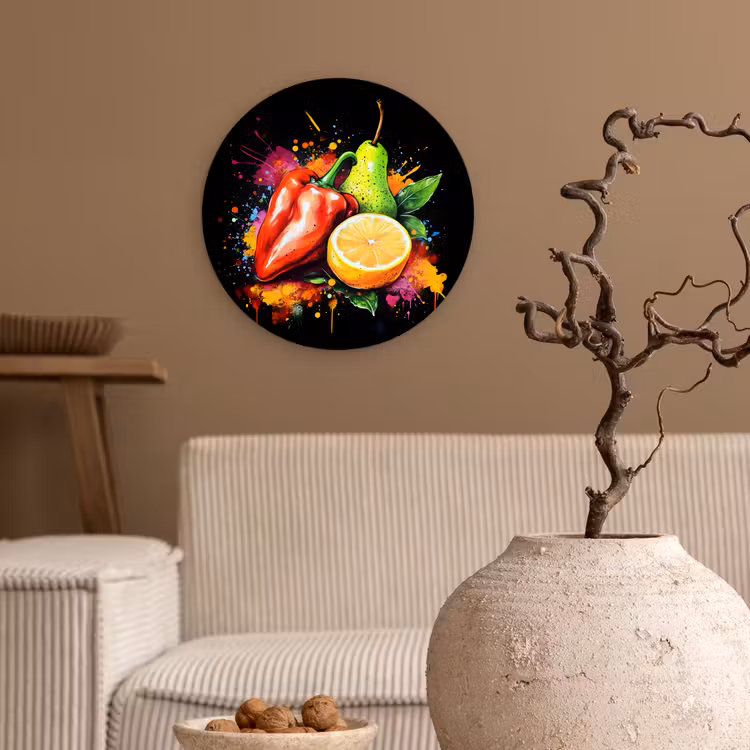 Paprika - Peer - Citroen - Graffiti - Verf - Abstract Wandcirkel kunststof plaat 5mm dik klein -sfeer1