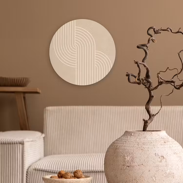 Parallelle lijnen - Lichte textuur - Beige Wandcirkel kunststof plaat 5mm dik klein -sfeer1