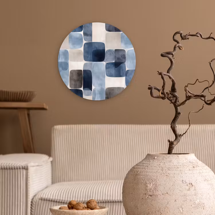 Patroon - Blauw - Vierkanten Wandcirkel kunststof plaat 5mm dik klein -sfeer1