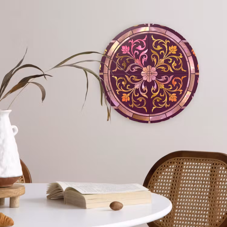 Patroon - Floraal - Oosters - Paars - Goud Wandcirkel kunststof plaat 5mm dik klein -sfeer4