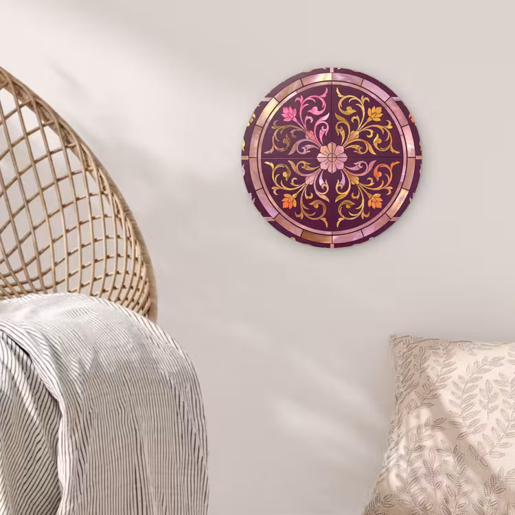 Patroon - Floraal - Oosters - Paars - Goud Wandcirkel kunststof plaat 5mm dik klein -sfeer5