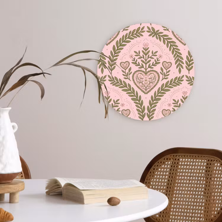 Patroon - Hart - Bloemen - Folkloristisch - Roze Wandcirkel kunststof plaat 5mm dik klein -sfeer4