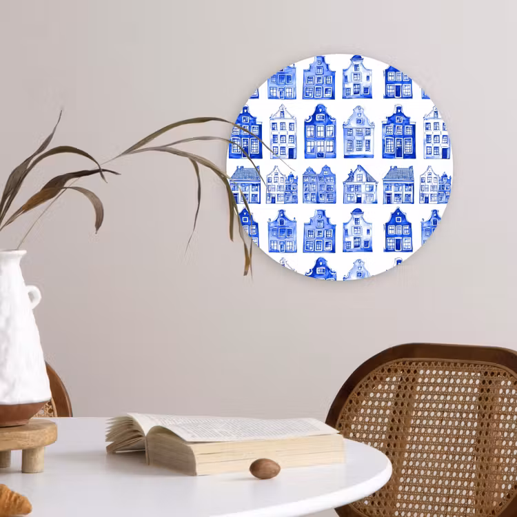 Patroon - Huizen - Blauw Wandcirkel kunststof plaat 5mm dik klein 188 -sfeer4