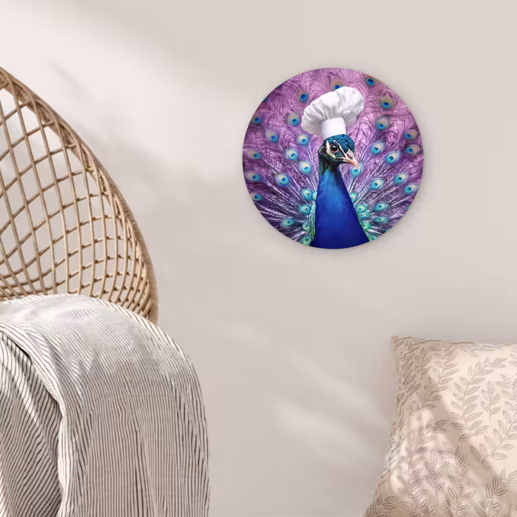 Pauw - Koksmuts - Cool - Paars Wandcirkel kunststof plaat 5mm dik klein -sfeer5