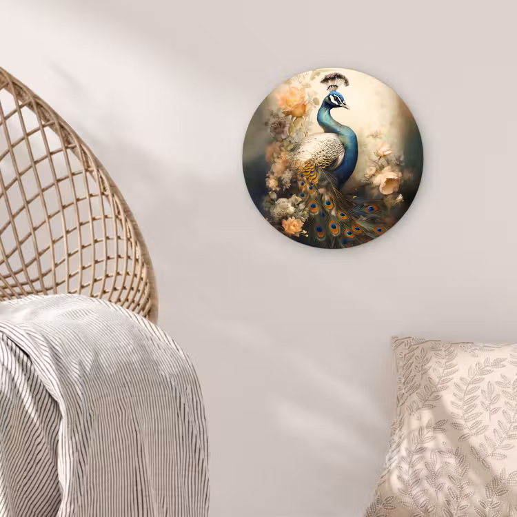 Pauw - Pauwenveren - Bloemen - Vogels - Botanisch Wandcirkel kunststof plaat 5mm dik klein -sfeer5