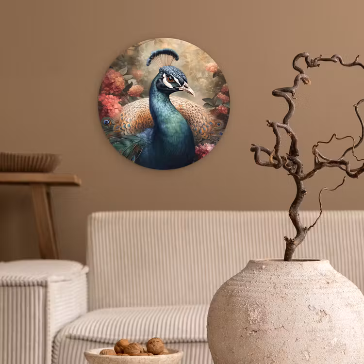 Pauw - Vogel - Bloemen - Planten - Pauwenveren Wandcirkel kunststof plaat 5mm dik klein -sfeer1