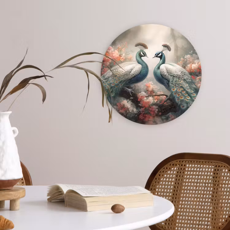 Pauwen - Pauwenveren - Vogels - Bloemen - Natuur Wandcirkel kunststof plaat 5mm dik klein -sfeer4