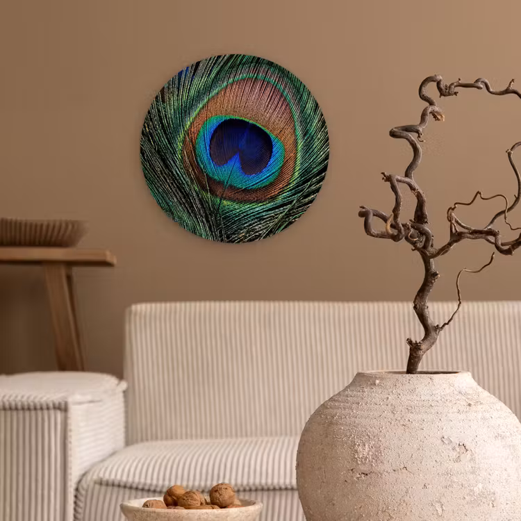 Pauwenveren - Klassiek - Groen Wandcirkel kunststof plaat 5mm dik klein -sfeer1