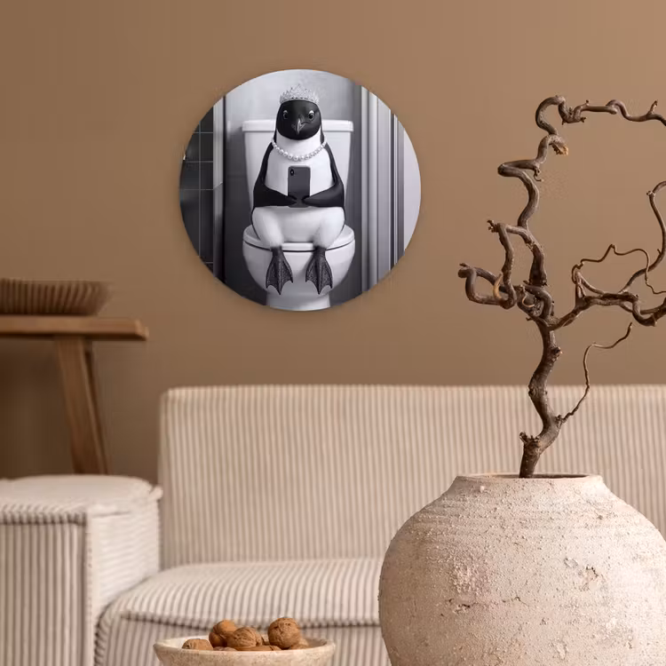 Pinguïn - Telefoon - Toilet - Zwart - Wit Wandcirkel kunststof plaat 5mm dik klein -sfeer1