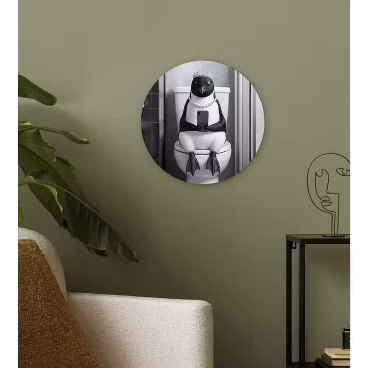 Pinguïn - Telefoon - Toilet - Zwart - Wit Wandcirkel kunststof plaat 5mm dik klein -sfeer3