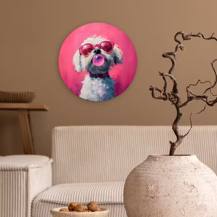 Pink - Hond - Bubbel Wandcirkel kunststof plaat 5mm dik klein -sfeer1