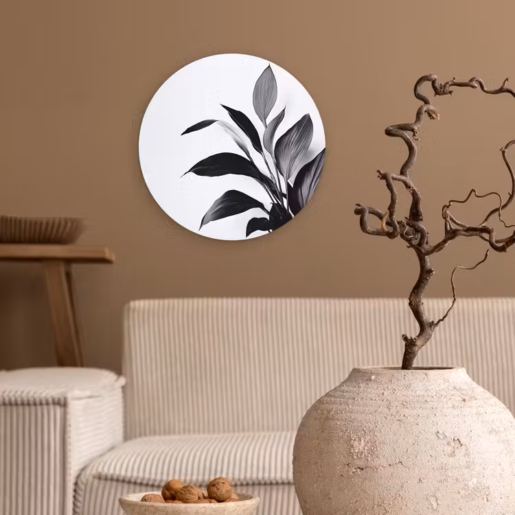 Plant - Bladeren - Minimalistisch - Zwart Wandcirkel kunststof plaat 5mm dik klein -sfeer1