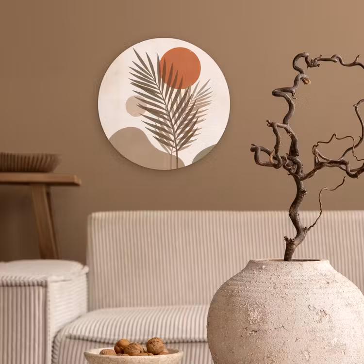 Planten - Bladeren - Abstract - Modern - Beige Wandcirkel kunststof plaat 5mm dik klein -sfeer1