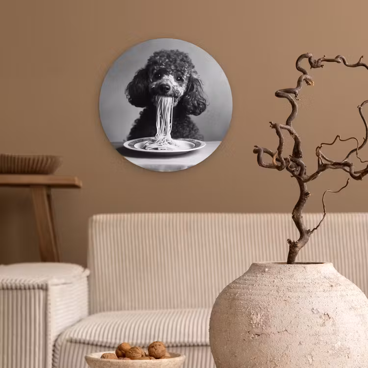 Poedel - Hond - Zwart - Wit - Schattig - Pasta Wandcirkel kunststof plaat 5mm dik klein -sfeer1