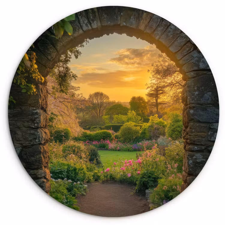 Poort - Planten - Zonsondergang Wandcirkel kunststof plaat 5mm dik klein -3d