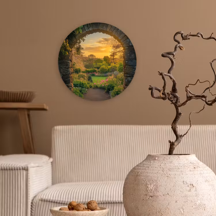 Poort - Planten - Zonsondergang Wandcirkel kunststof plaat 5mm dik klein -sfeer1