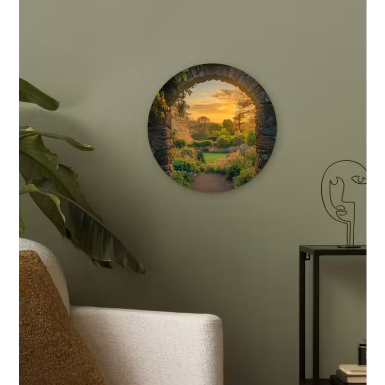 Poort - Planten - Zonsondergang Wandcirkel kunststof plaat 5mm dik klein -sfeer3