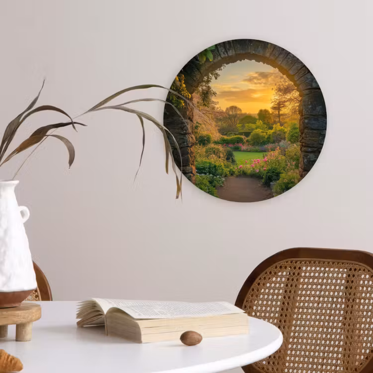 Poort - Planten - Zonsondergang Wandcirkel kunststof plaat 5mm dik klein -sfeer4