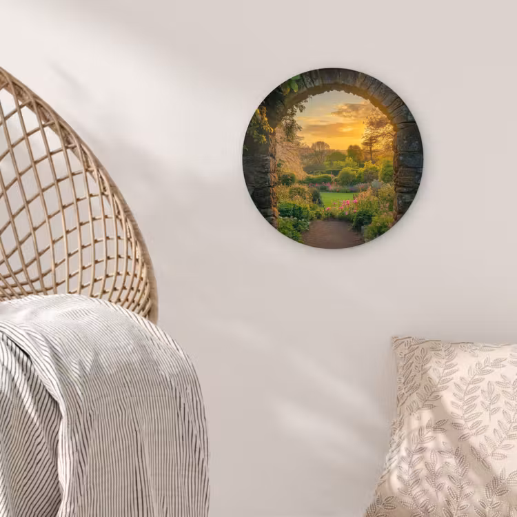 Poort - Planten - Zonsondergang Wandcirkel kunststof plaat 5mm dik klein -sfeer5