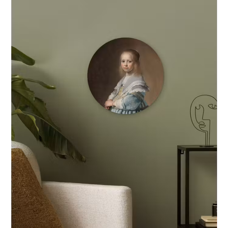 Portret van een meisje in het blauw - Schilderij van Johannes Cornelisz. Verspronck Wandcirkel kunststof plaat 5mm dik klein -sfeer3