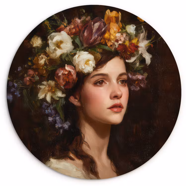 Portret - Vrouw - Bloemen Wandcirkel kunststof plaat 5mm dik klein -3d