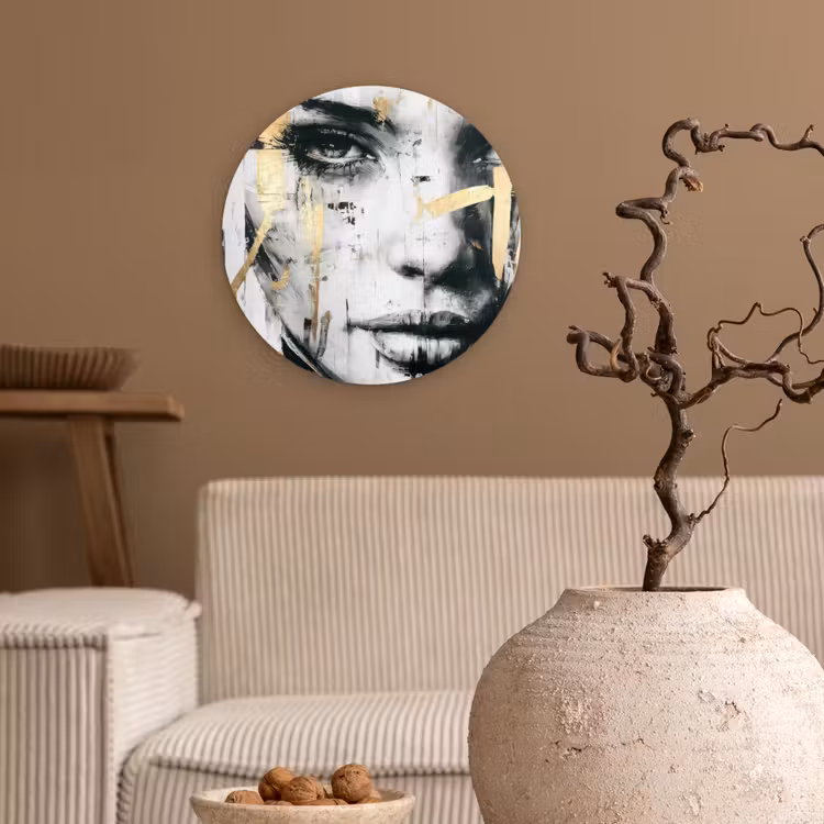 Portret - Vrouw - Penseelstreken - Goud Wandcirkel kunststof plaat 5mm dik klein -sfeer1