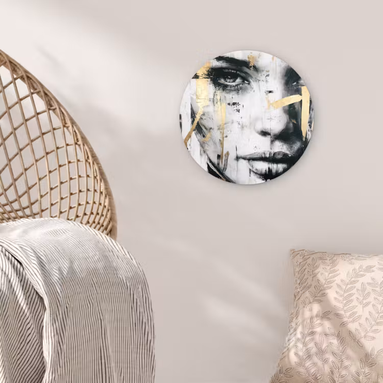Portret - Vrouw - Penseelstreken - Goud Wandcirkel kunststof plaat 5mm dik klein -sfeer5