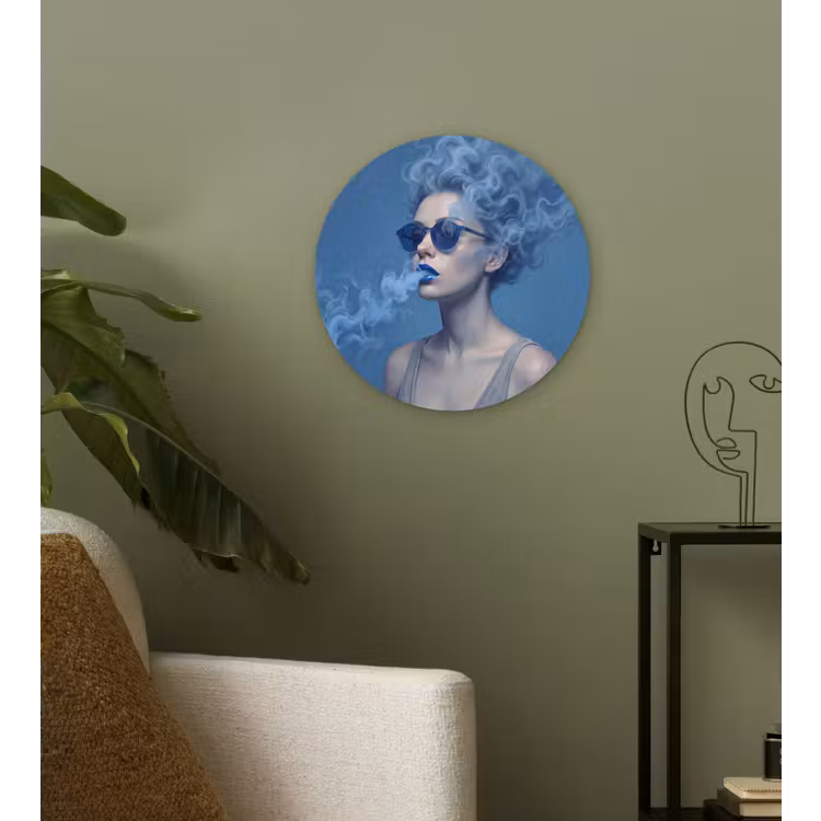 Portret - Zonnebril - Rook - Abstract - Blauw Wandcirkel kunststof plaat 5mm dik klein -sfeer3