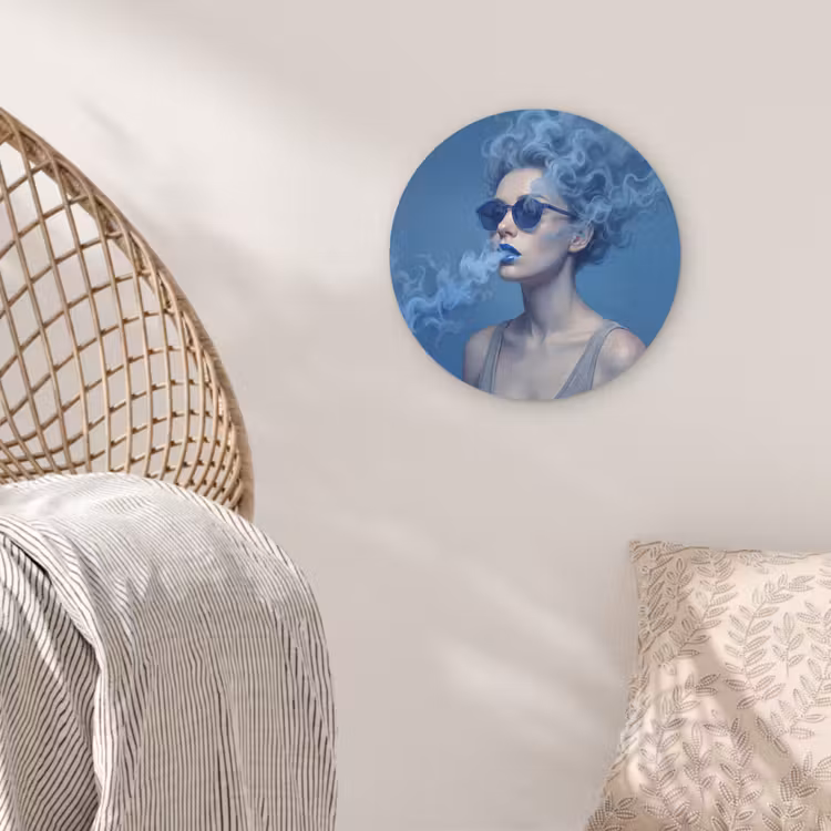 Portret - Zonnebril - Rook - Abstract - Blauw Wandcirkel kunststof plaat 5mm dik klein -sfeer5